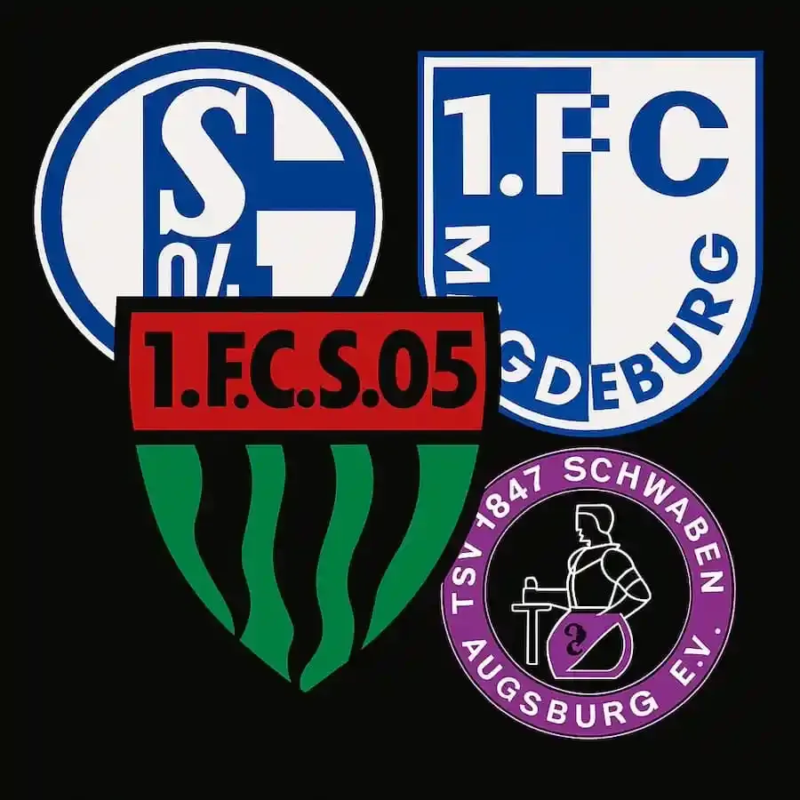 Logos von FC Schalke 04, 1. FC Magdeburg, 1. FC Schweinfurt 05 und TSV Schwaben Augsburg zur Initiative Aufstiegsreform 2025.