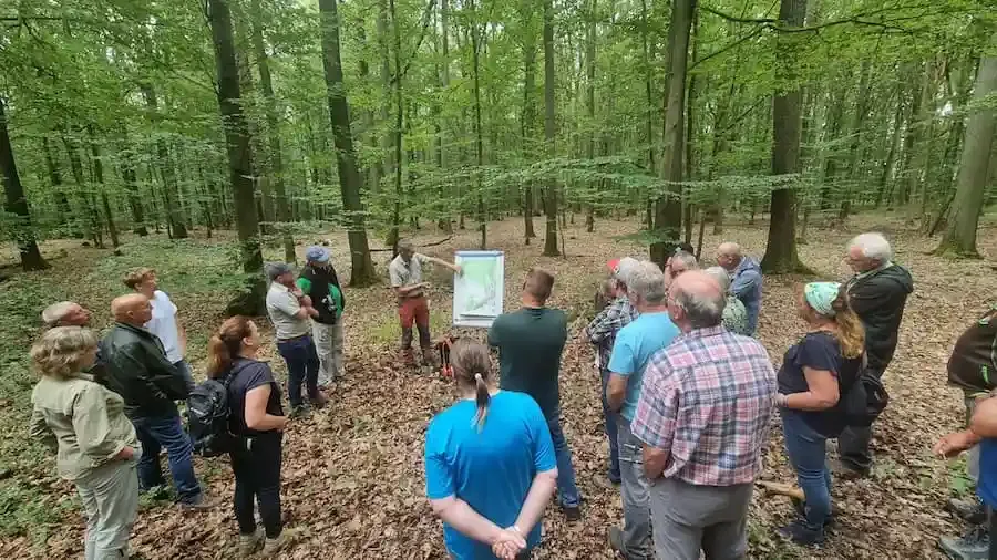 Bürger lauschen im Wald den Erklärungen von Bürgermeister Stefan Rottmann beim Bürgerwaldtag in Schonungen.