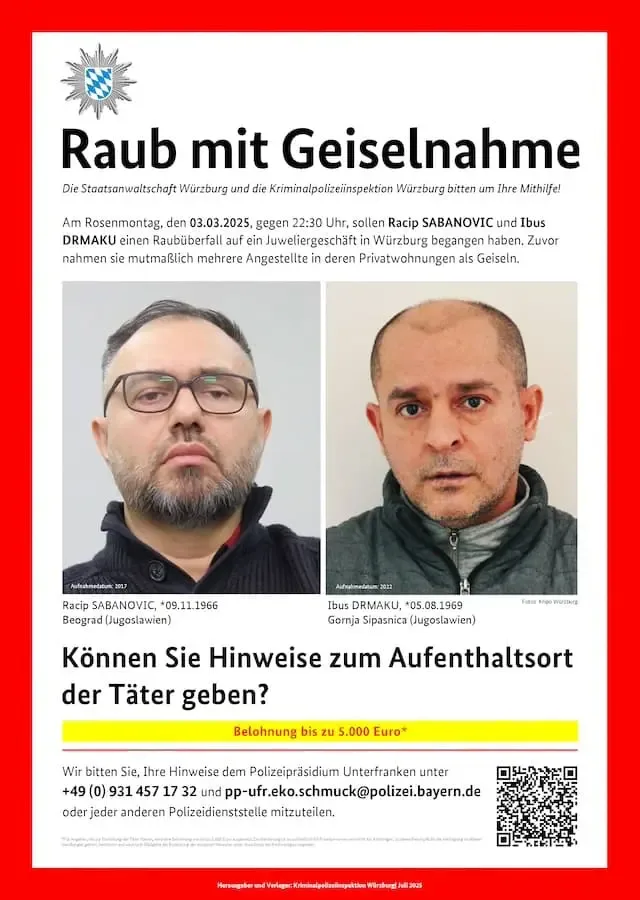 Fahndungsplakat der Kriminalpolizei Würzburg zum Raubüberfall auf ein Juweliergeschäft mit Fotos der gesuchten Tatverdächtigen und Hinweis auf 5.000 Euro Belohnung.