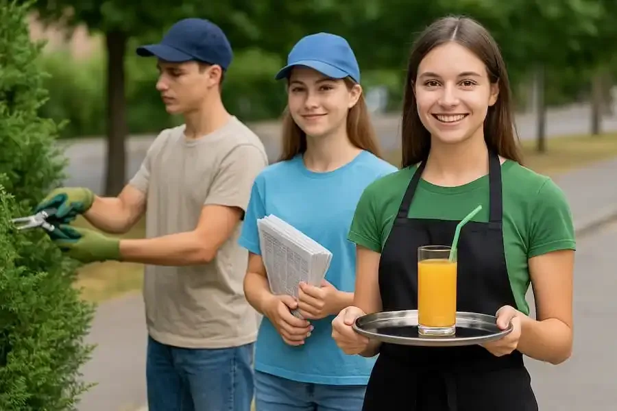 Jugendliche bei Ferienjobs – Gartenarbeit, Zeitungen austragen und Servicearbeit während der Sommerferien.