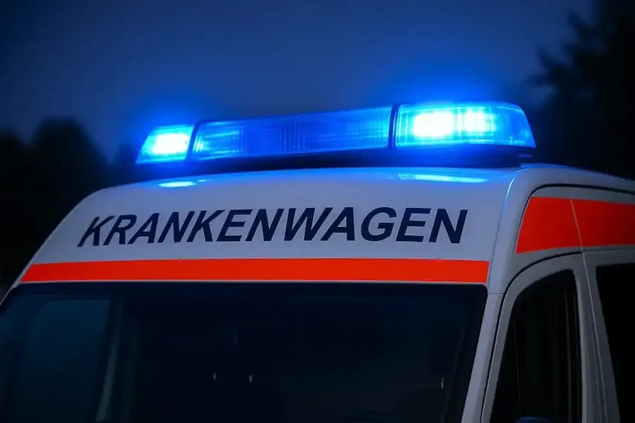 Krankenwagen mit eingeschaltetem Blaulicht bei Dämmerung.