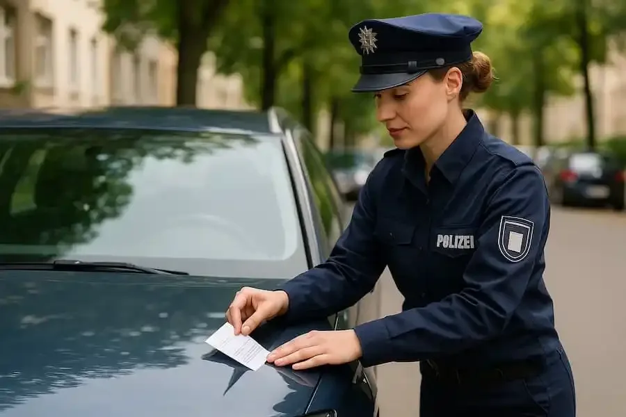 Polizeibeamtin klemmt einen Strafzettel unter den Scheibenwischer eines Autos wegen Falschparkens.