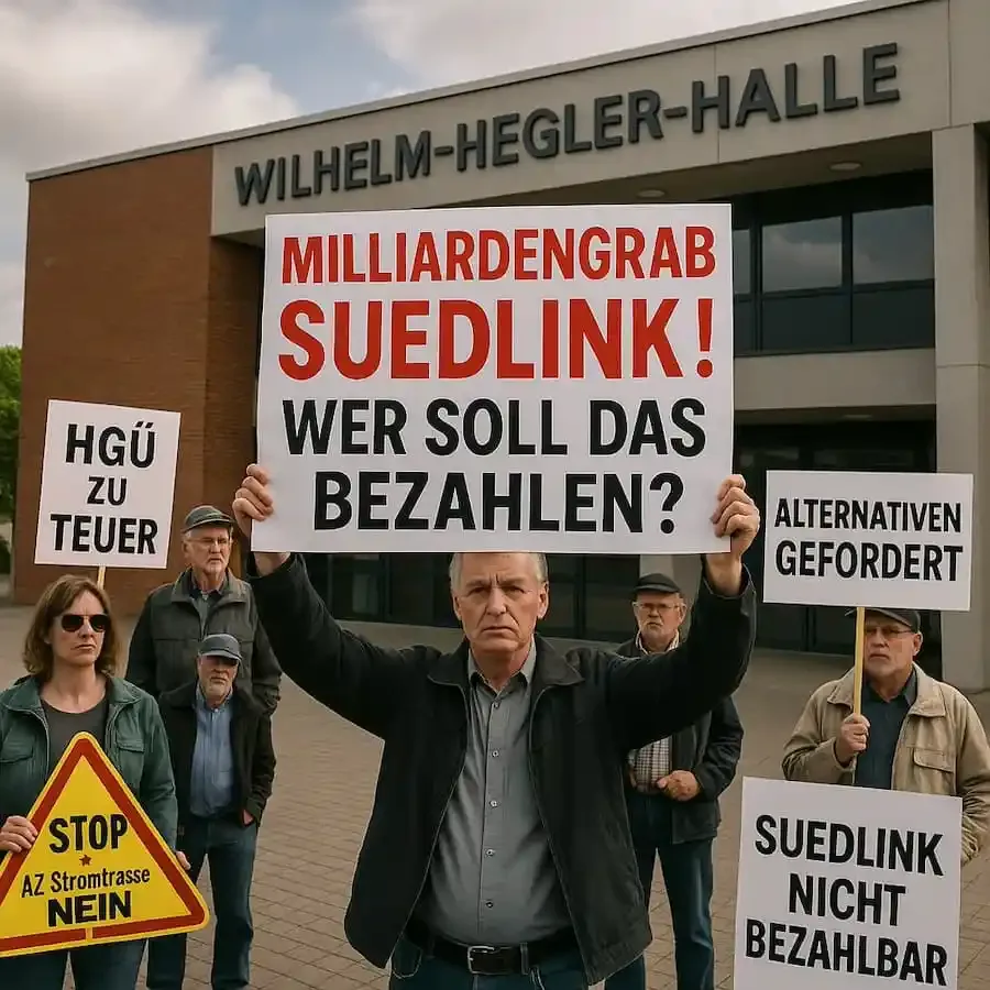 protest-vor-wilhelm-hegler-halle-gegen-suedlink-milliardengrab-schilder-mit-forderungen-nach-dezentralen-alternativen-und-neuplanung