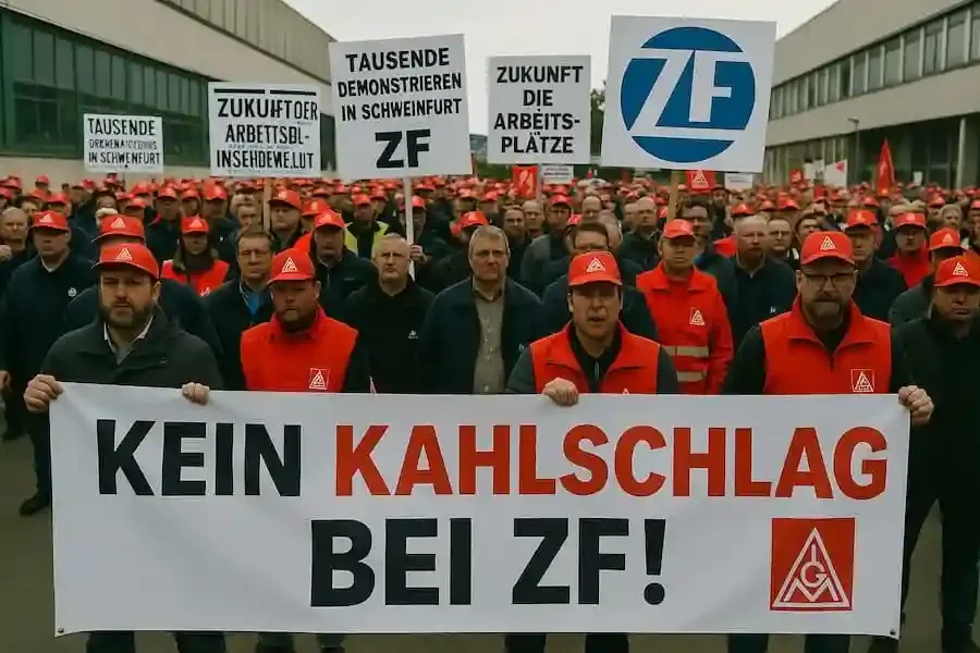 Protest der ZF-Beschäftigten in Schweinfurt gegen Stellenabbau mit Bannern und IG-Metall-Fahnen.