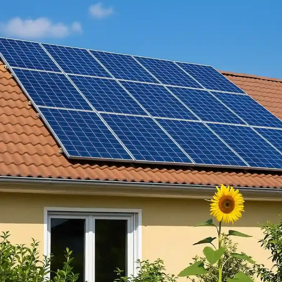 Moderne Solaranlage auf einem Hausdach mit Sonnenschein und einer Sonnenblume im Vordergrund.