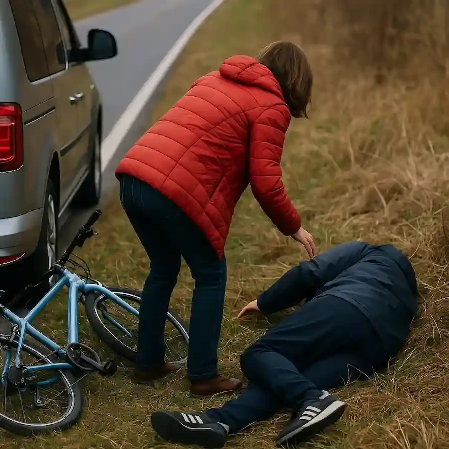 Frau hilft vermeintlich gestürztem Radfahrer am Straßenrand, Szene des vorgetäuschten Unfalls bei Oberelsbach.