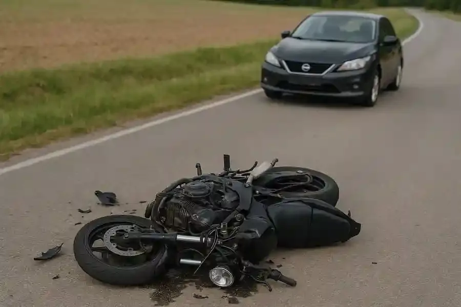 Verunfalltes Motorrad nach Frontalzusammenstoß mit Pkw auf der Kreisstraße bei Stralsbach, Lkr. Bad Kissingen.