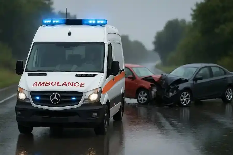Symbolfoto: Frontalzusammenstoß zweier Autos bei Regen – Krankenwagen mit Blaulicht im Einsatz auf regennasser Straße