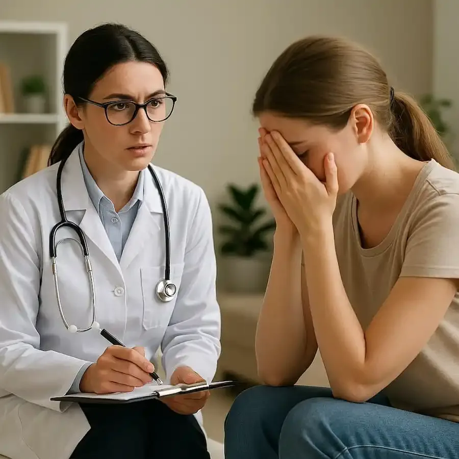 Ärztin berät eine emotional belastete Frau in einer vertraulichen Gesprächssituation.