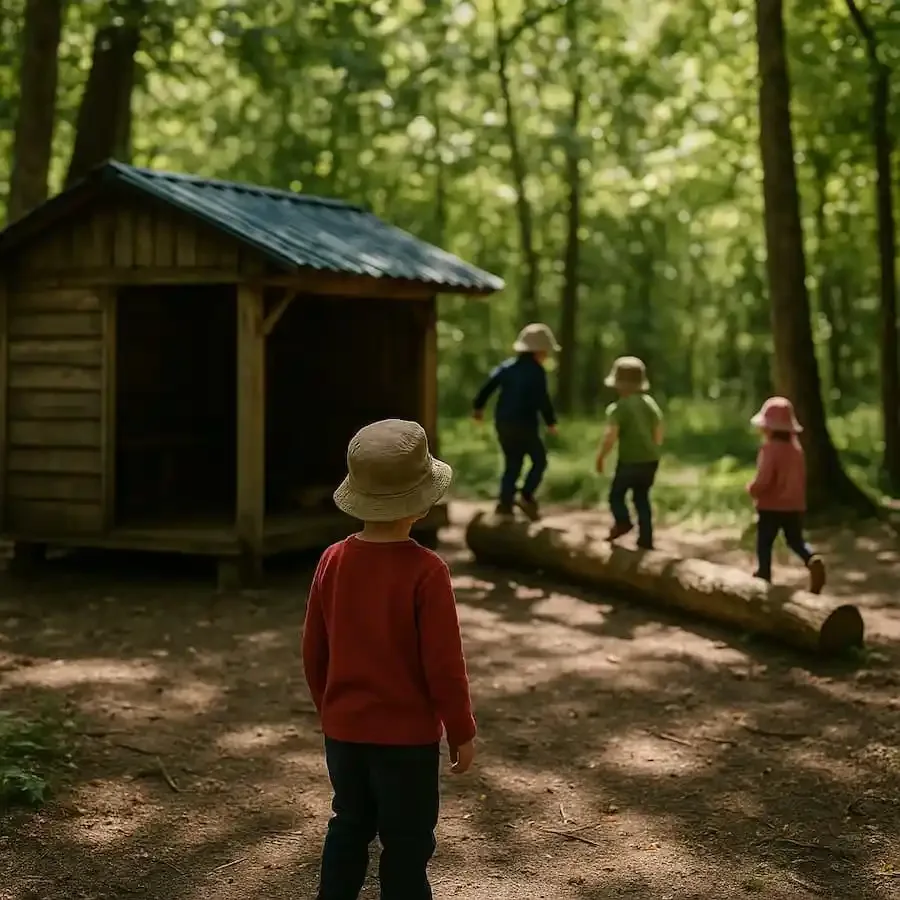 Kinder spielen im Wald vor einem einfachen Holzunterstand – typische Szene aus einem BRK-Waldkindergarten in Unterfranken.