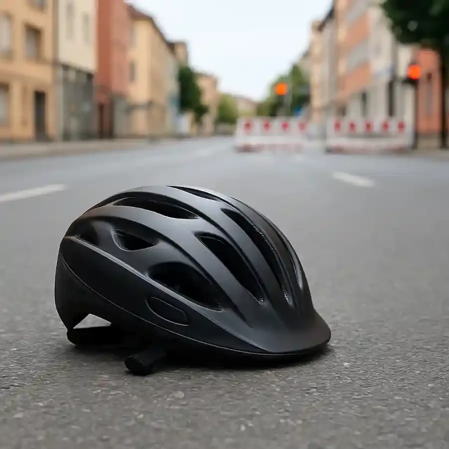 Schwarzer Fahrradhelm liegt auf Asphalt in der Innenstadt von Schweinfurt