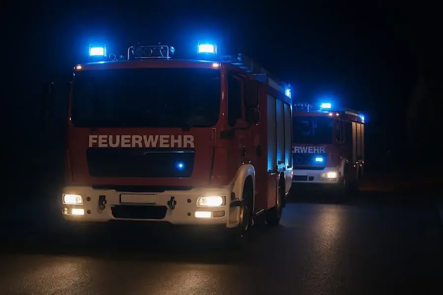 Zwei Feuerwehrfahrzeuge mit eingeschaltetem Blaulicht bei einem nächtlichen Brandeinsatz