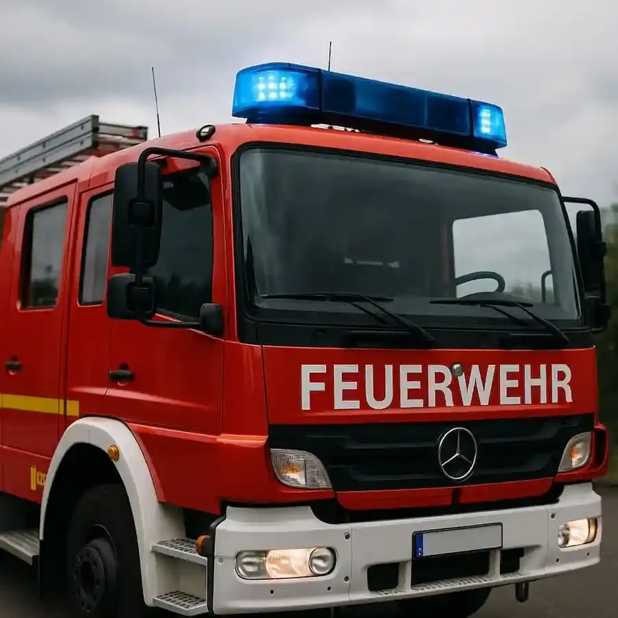 Rotes Feuerwehrauto mit eingeschaltetem Blaulicht auf der Straße