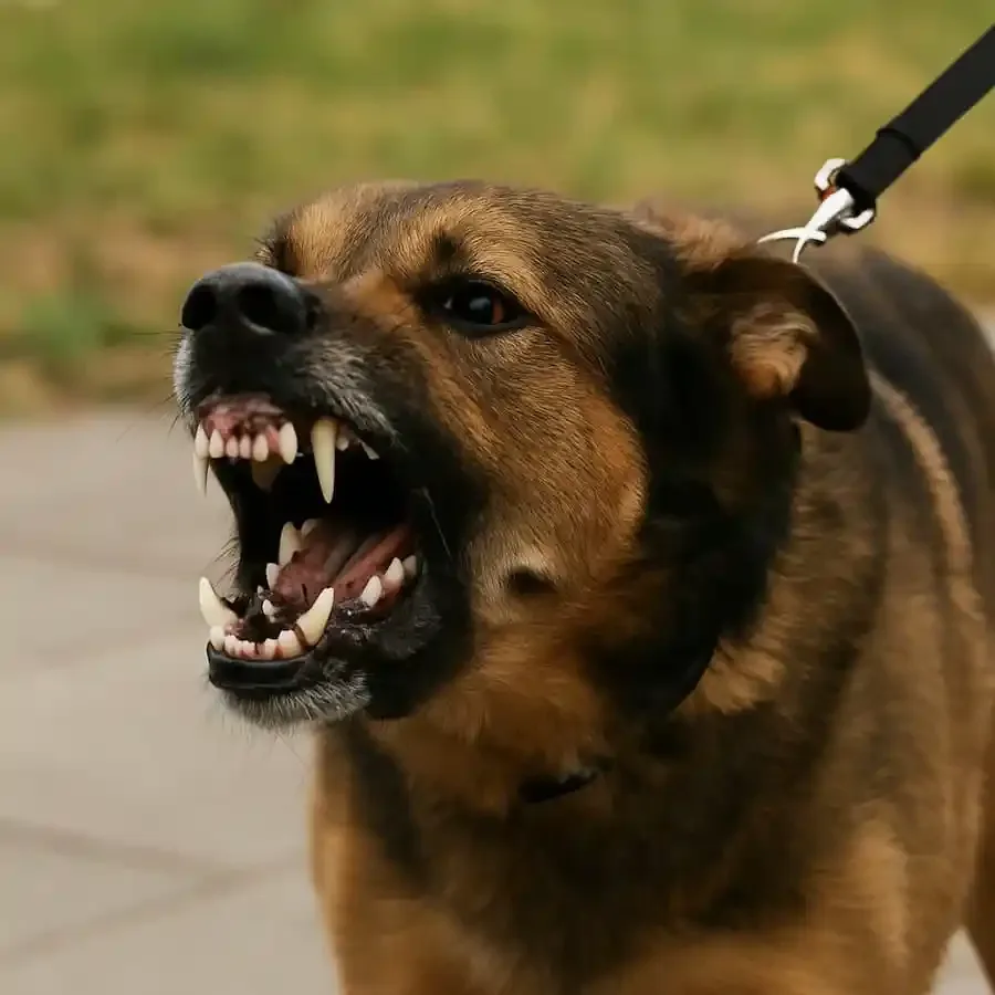 Aggressiver Hund zeigt drohend seine Zähne und fletscht das Gebiss an der Leine