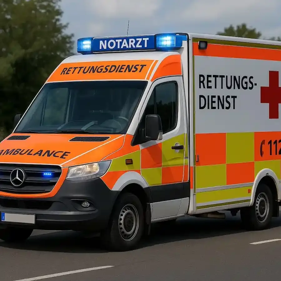Deutscher Rettungswagen mit Blaulicht auf der Straße