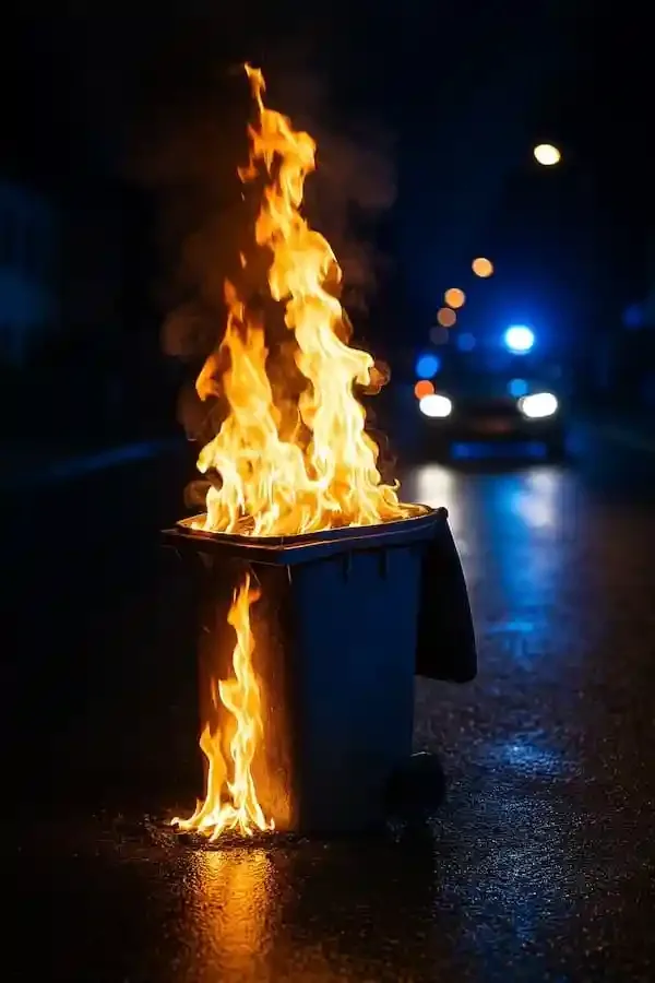 Brennende Mülltonne in der Nacht auf einer Straße in Gochsheim, Blaulicht der Polizei im Hintergrund