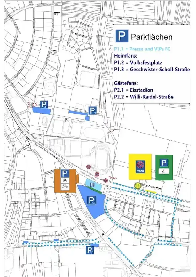 Lageplan mit ausgewiesenen Parkflächen rund um das Willy-Sachs-Stadion in Schweinfurt, inklusive Volksfestplatz, Geschwister-Scholl-Straße und Parkplätzen für Gäste- sowie Heimfans.