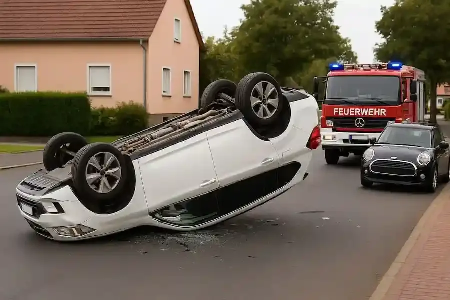Symbolfoto eines überschlagenen weißen Pkw nach einem Unfall, im Hintergrund Feuerwehrfahrzeug und geparkter schwarzer Kleinwagen.