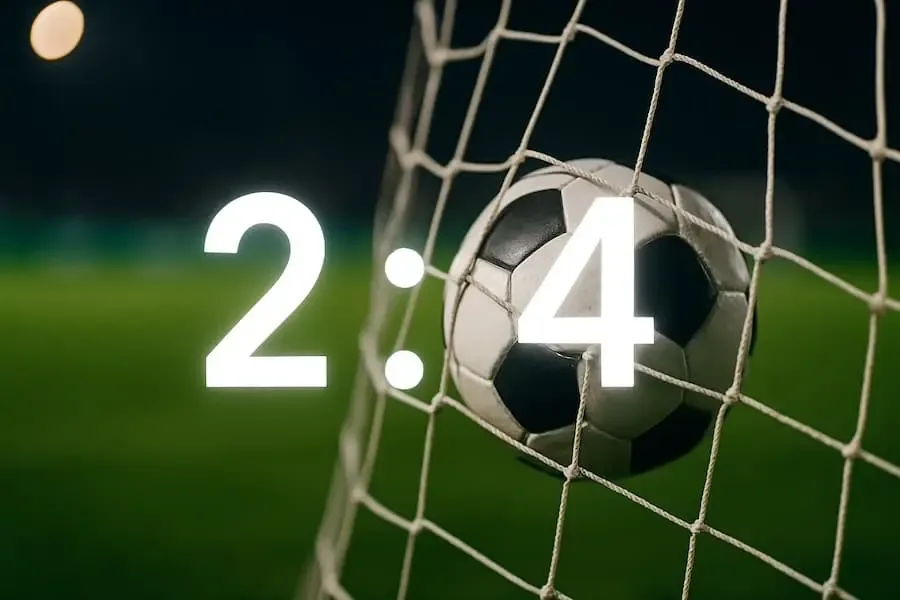 Fußball-Symbolbild: Ball im Tornetz, Ergebnis 2:4 eingeblendet, ohne Personen und ohne Logos.