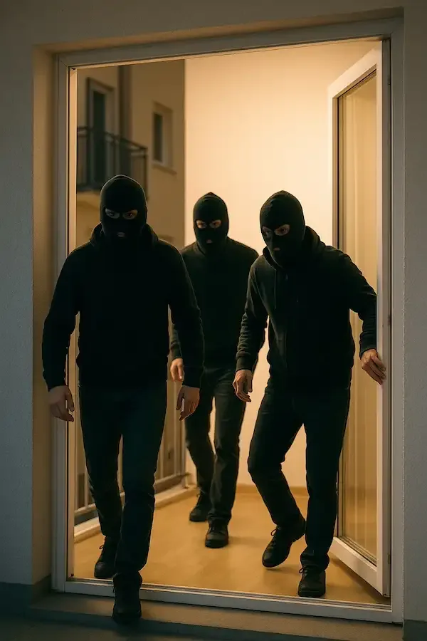 Drei maskierte Männer dringen nachts durch eine offene Balkontür in eine Wohnung ein