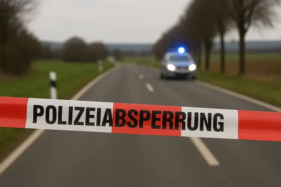 Polizeiabsperrung mit Blaulichtfahrzeug auf einer Landstraße bei Kolitzheim
