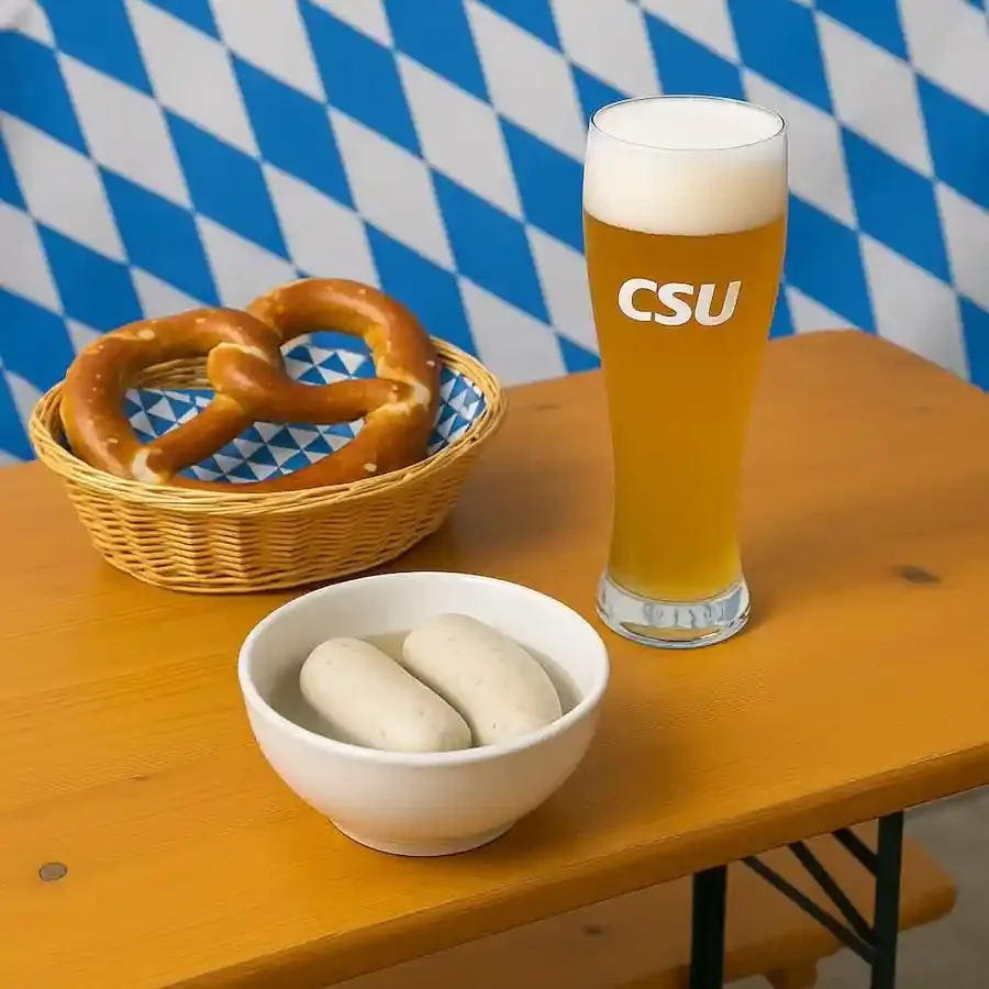 Bierzelttisch mit Glas Weißbier, Schüssel Weißwürste und Korb mit Brezen vor bayerischer Rauten-Dekoration