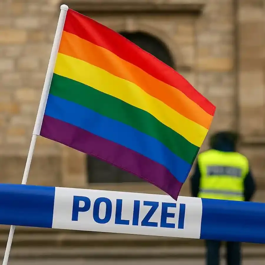 Regenbogenfahne mit Polizeiband und Polizeiweste im Hintergrund – Symbolfoto zum Schutz des CSD in Schweinfurt