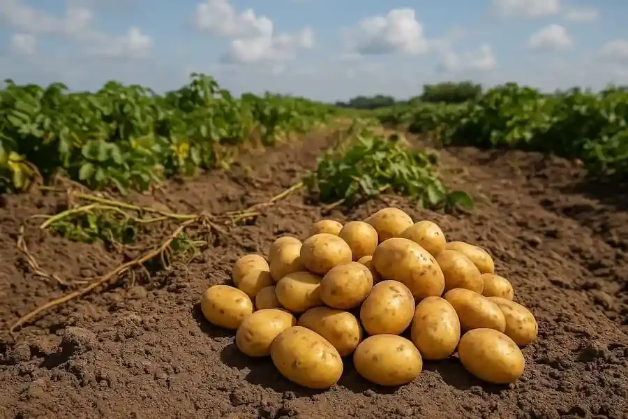 Frisch geerntete Kartoffeln liegen auf einem Feld in Bayern vor grünen Kartoffelpflanzen