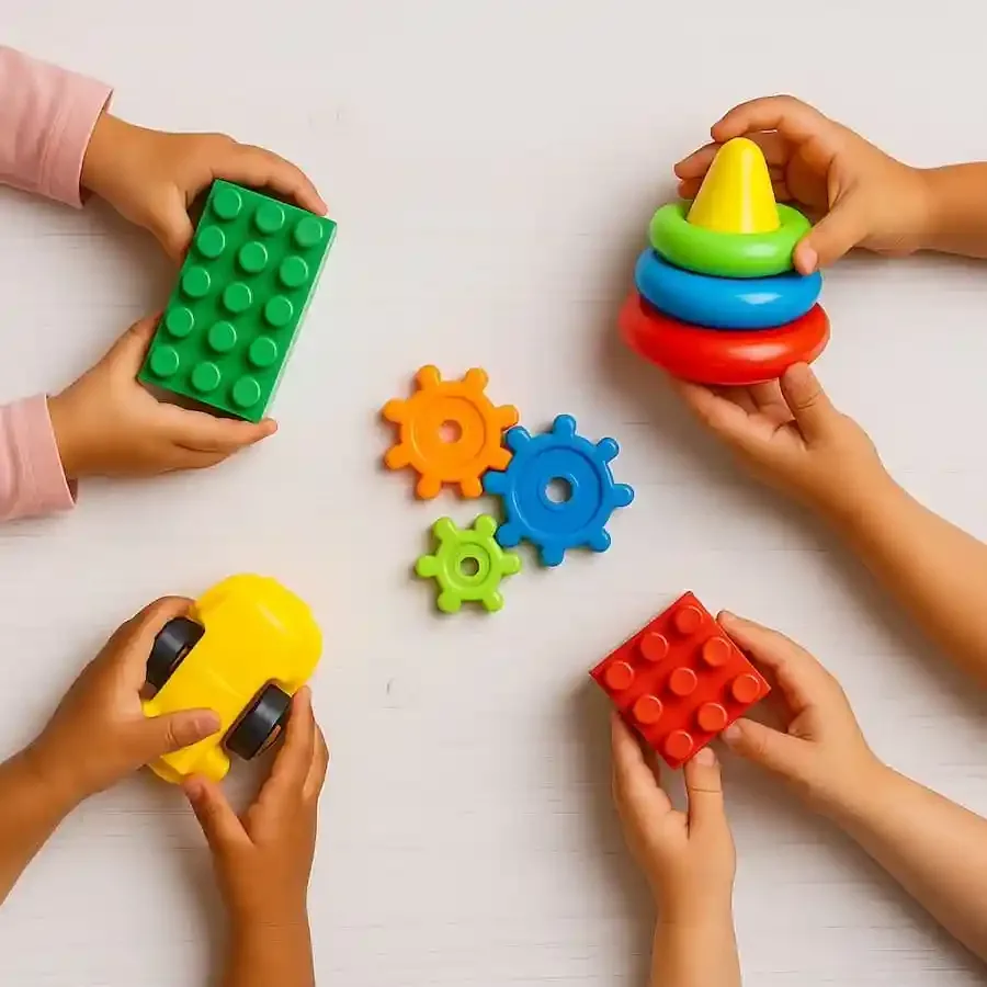 Kinderhände halten buntes Spielzeug in einer Kindertagespflege im Landkreis Schweinfurt
