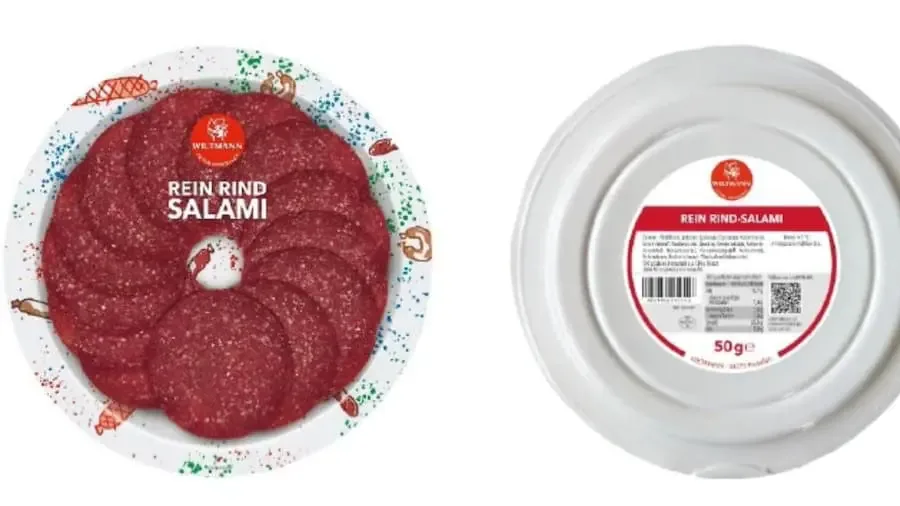 Produktfoto der zurückgerufenen „Rein Rind Salami“ in 50-Gramm-Packung von Wiltmann – Vorderseite mit aufgeschnittener Wurst, Rückseite mit Etikett.