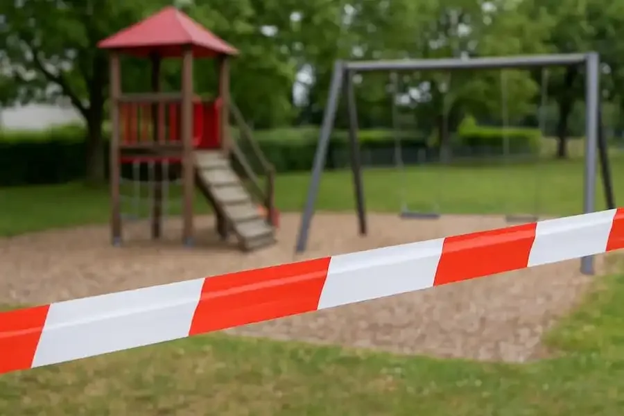 Symbolbild: Abgesperrter Kinderspielplatz mit Klettergerüst und Schaukel nach Sachbeschädigung in Hambach