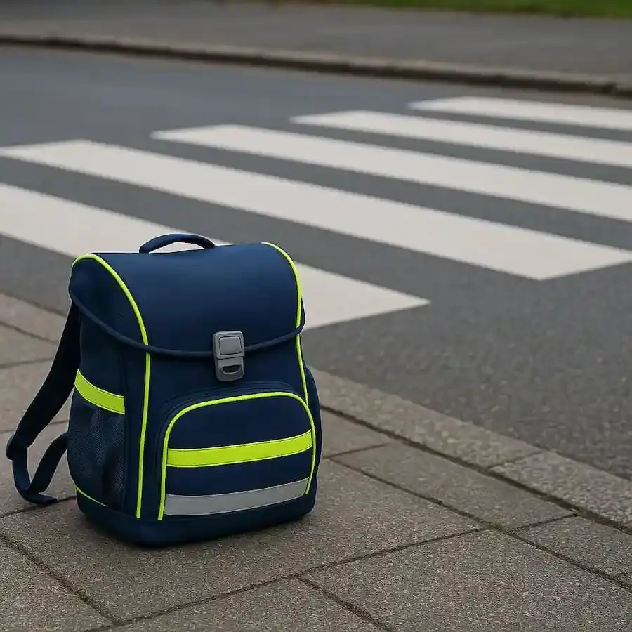 Blauer Schulranzen mit Reflektoren steht am Gehweg vor einem Zebrastreifen, Symbolfoto für sicheren Schulweg