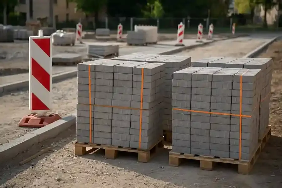 Gestapelte Paletten mit Pflastersteinen auf einer Baustelle in Schweinfurt, Symbolbild für den Baustellendiebstahl