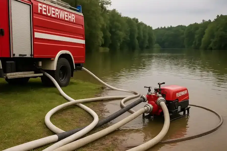 Feuerwehreinsatz am See: Rotes Löschfahrzeug und Pumpen mit Schläuchen belüften das Wasser zur Rettung des Horhäuser Badesees