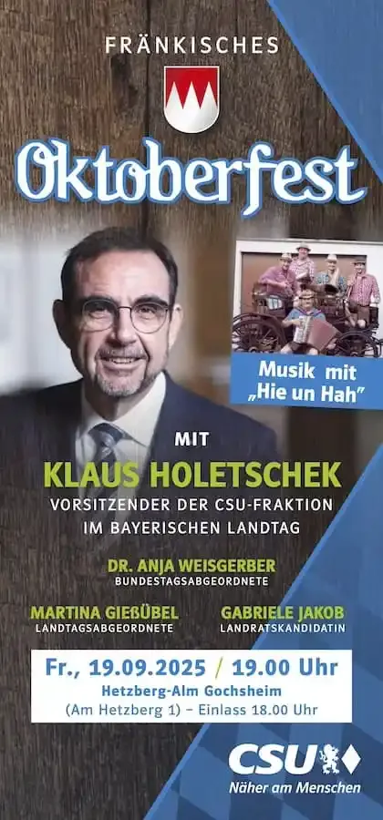 Flyer zum Fränkischen Oktoberfest 2025 in Gochsheim mit Klaus Holetschek, Musik von Hie un Hah und CSU-Mandatsträgern