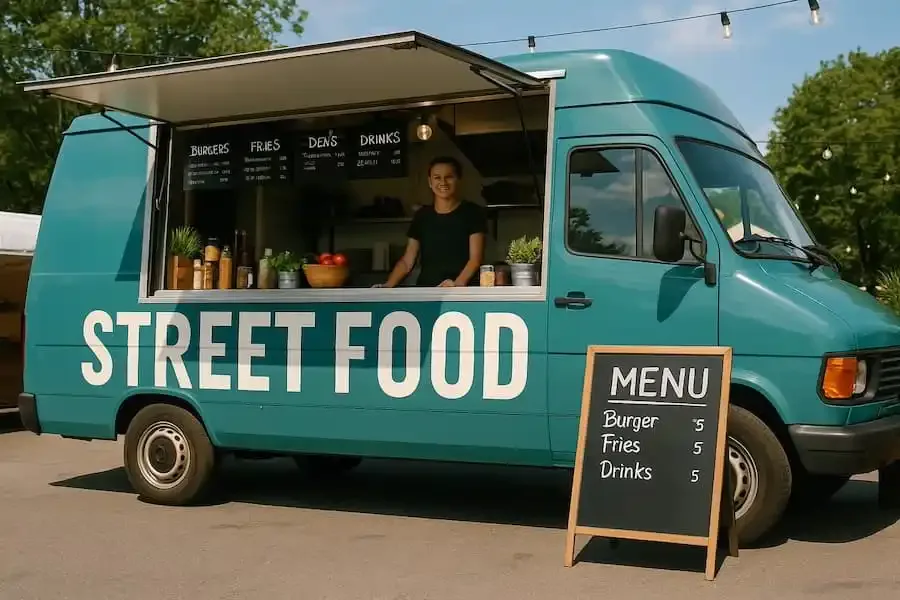 Grüner Foodtruck mit Street-Food-Angebot bei der Street Food Meile Schweinfurt 2025 am Mainkai