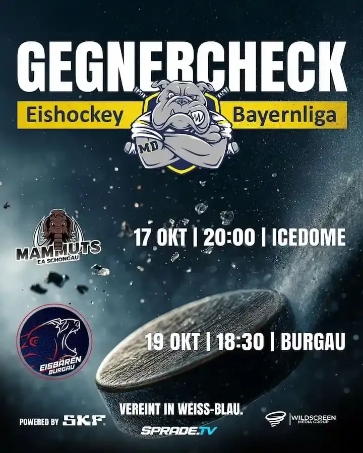 Eishockey-Gegnercheck der Mighty Dogs Schweinfurt für die Bayernliga-Spiele gegen EA Schongau und Eisbären Burgau – Termine und Spielorte im Überblick.