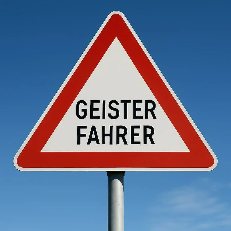 Verkehrsschild mit der Aufschrift „Geisterfahrer“ vor blauem Himmel – Symbolfoto zu Polizeikontrollen gegen Geisterradler in Schweinfurt.