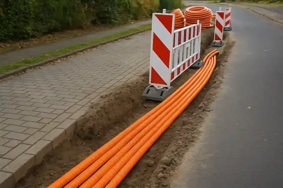Bauarbeiten für Glasfaser in Schweinfurt – orangefarbene Leerrohre für künftigen Glasfaseranschluss der Stadtwerke