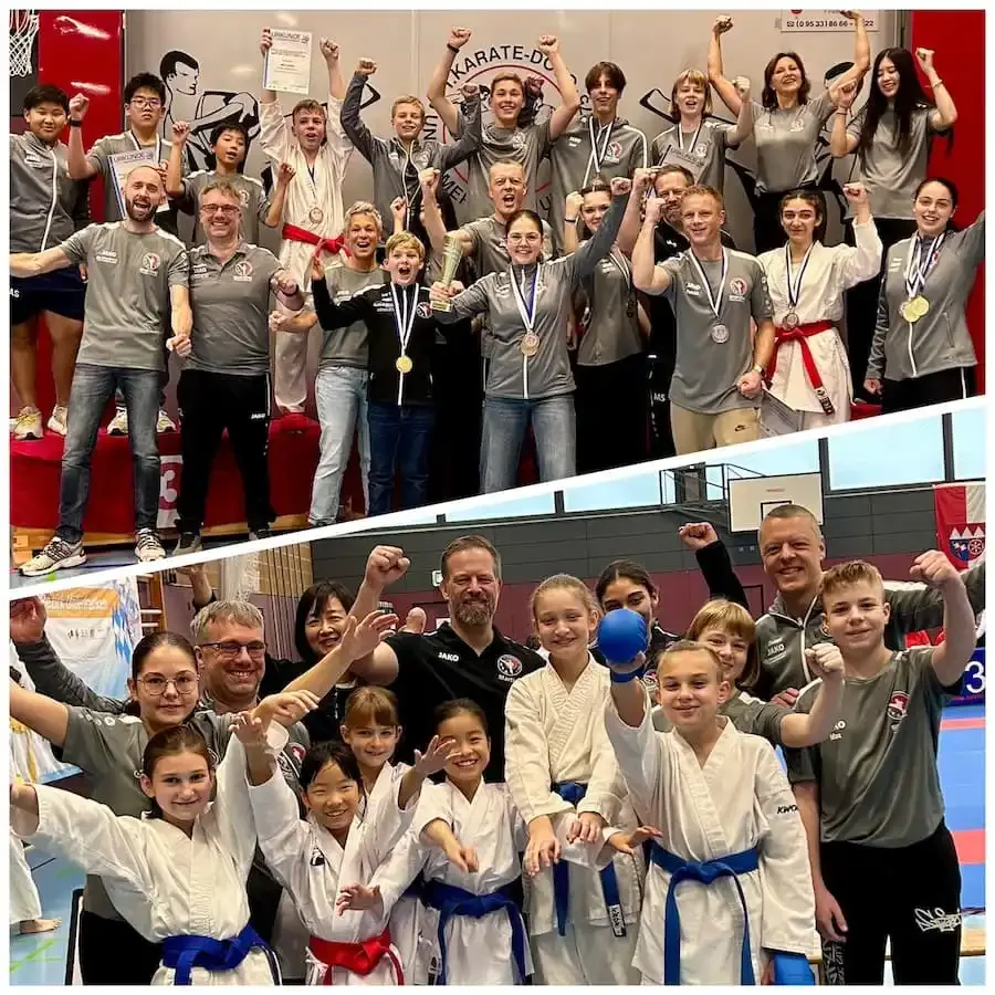 Gruppenfoto der Karate-Abteilung der TG Schweinfurt bei der Bezirksmeisterschaft in Ebern mit jubelnden Sportlerinnen und Sportlern verschiedener Altersklassen.