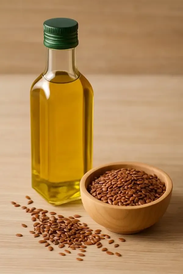 Leinölflasche mit Leinsamen in einer kleinen Holzschale als Symbolbild für Omega-3-reiches Bio-Leinöl