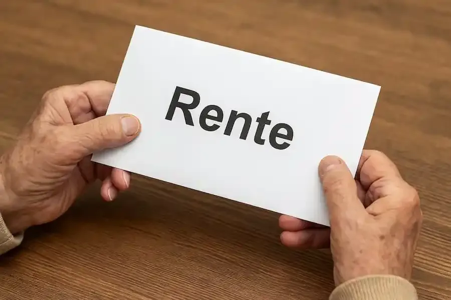 Ältere Hände halten einen Umschlag mit der Aufschrift „Rente“ auf Holztisch – Symbolfoto zum Thema Altersvorsorge