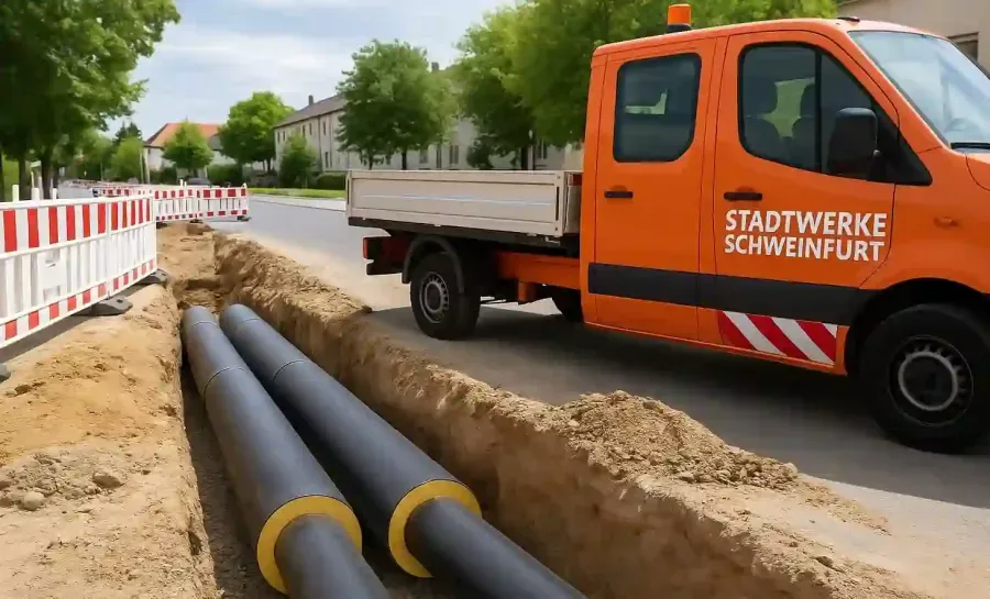 Baustelle in der Luitpoldstraße in Schweinfurt mit orangefarbenem Stadtwerke-Fahrzeug und neu verlegten Fernwärmeleitungen – Symbolbild für nachhaltige Energieversorgung.