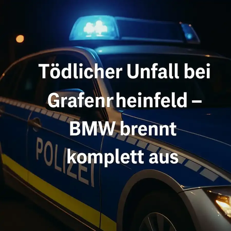 Deutsches Polizeiauto mit Blaulicht bei Nacht – Symbolfoto zu tödlichem Unfall bei Grafenrheinfeld, BMW brennt vollständig aus