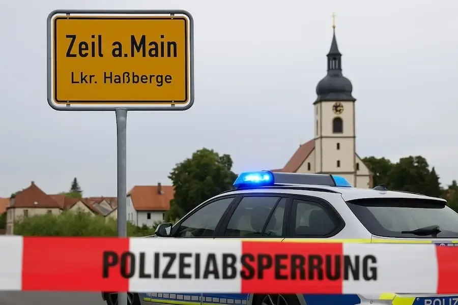 Polizeiabsperrung in Zeil am Main im Landkreis Haßberge mit Ortsschild und Streifenwagen – Symbolbild zu einem Polizeieinsatz.