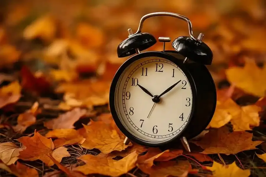 Analoger Wecker auf bunten Herbstblättern – Symbolfoto zur Zeitumstellung auf Winterzeit in Deutschland