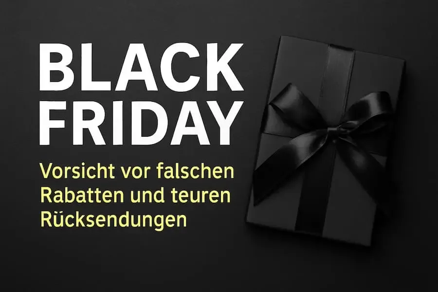 Black Friday Motiv mit Geschenk und Warnung vor falschen Rabatten und teuren Rücksendungen