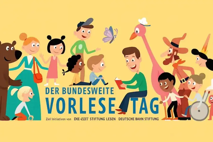 Illustration zum Bundesweiten Vorlesetag mit Kindern, Tieren und einer Vorleseszene als buntes Motiv zur Leseförderung.