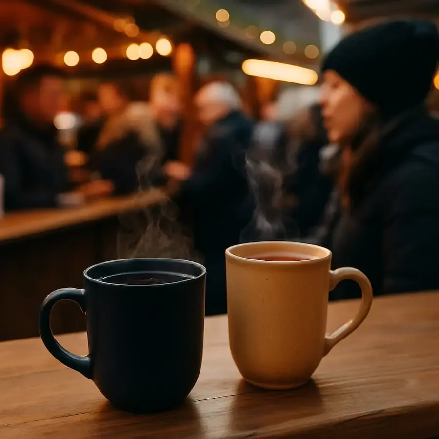 Zwei dampfende Tassen Glühwein an einem Glühweinstand, dahinter unscharf Besucher auf dem Weihnachtsmarkt.