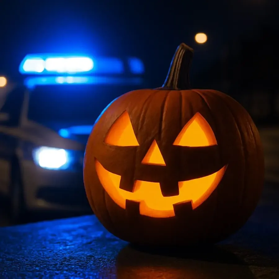 Leuchtender Halloweenkürbis im Vordergrund mit verschwommenem Blaulicht eines Polizeifahrzeugs im Hintergrund bei Nacht.
